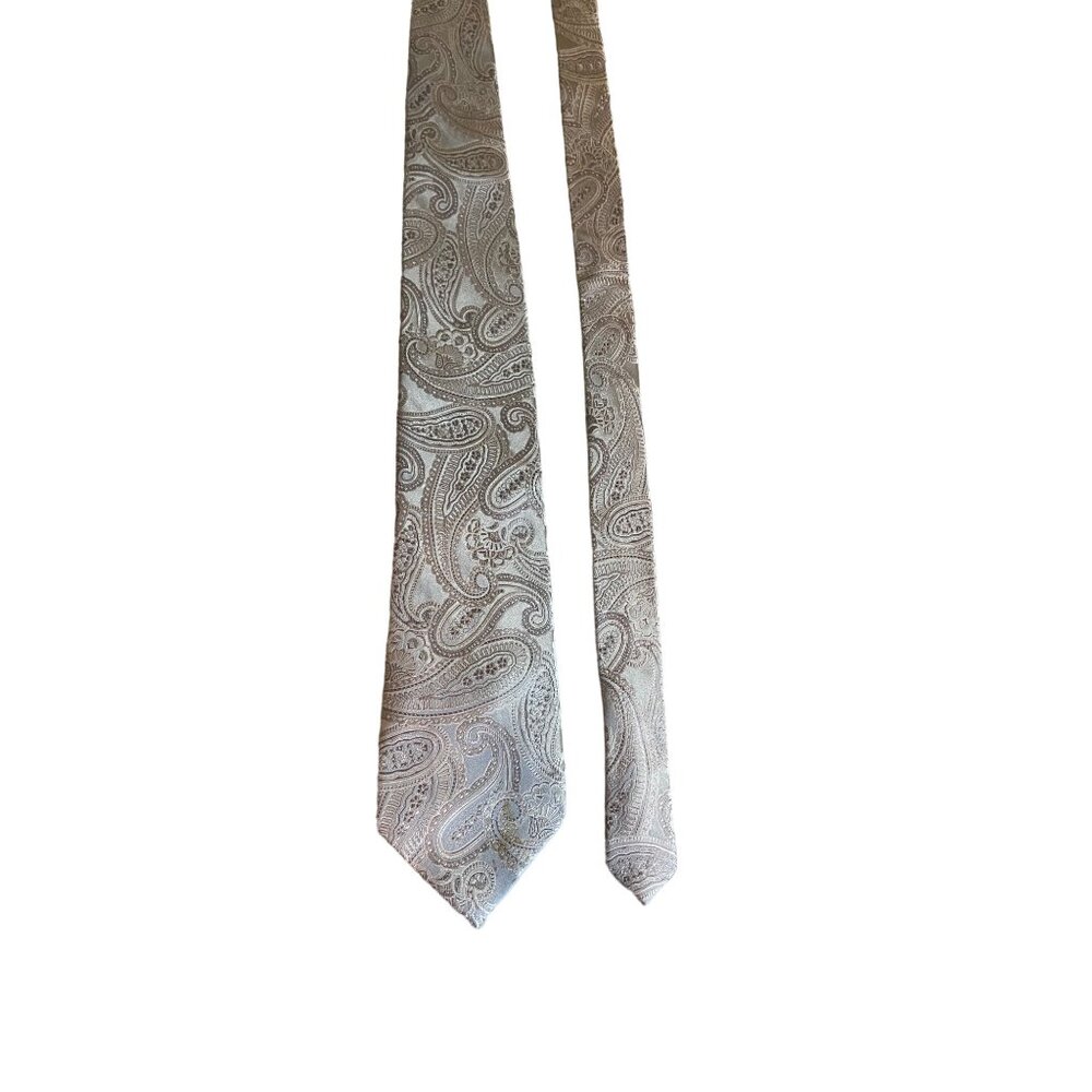 George Mens Silk Necktie Silver Paisley Elegant Formal Dad Gift Retro Corpcore